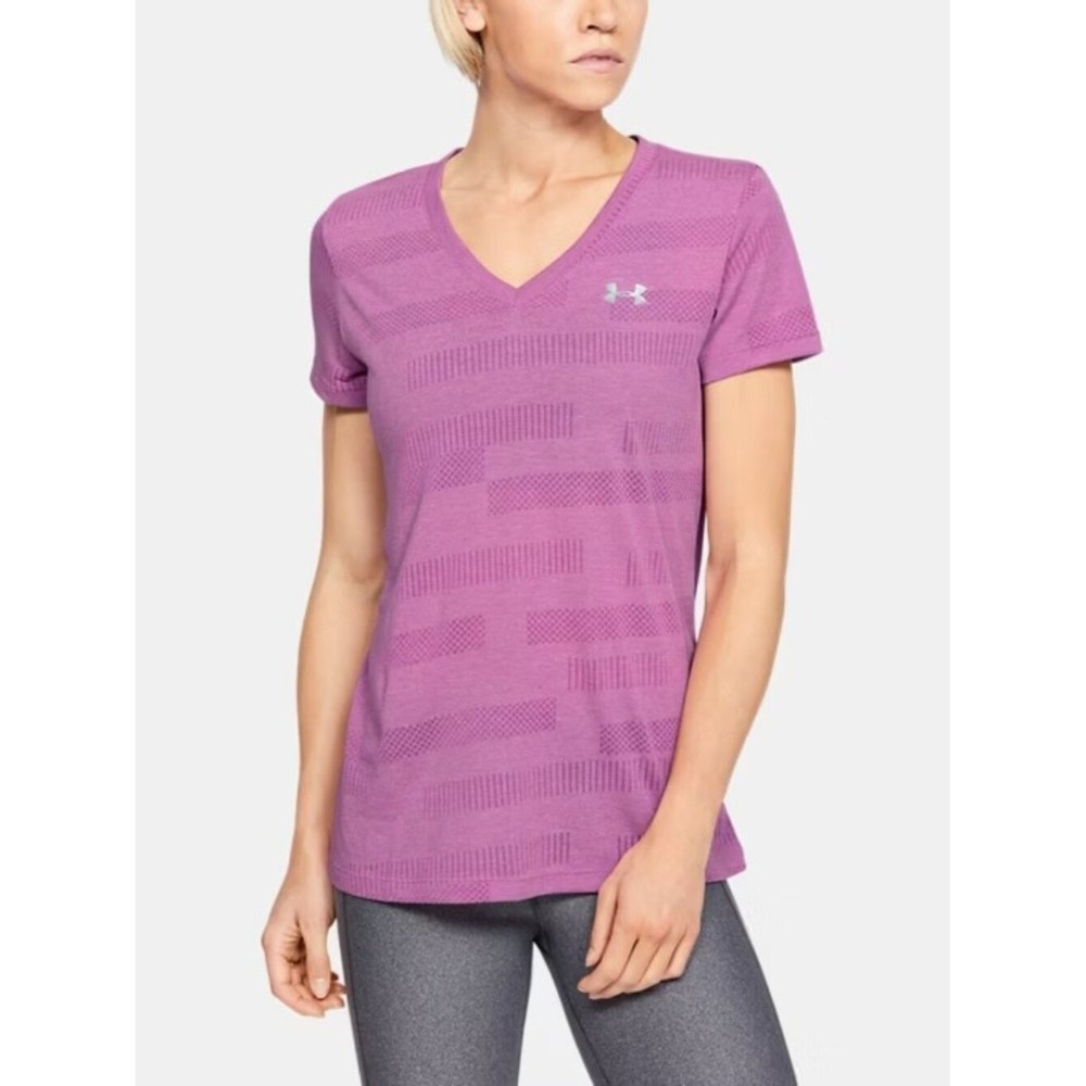 Under Armour Sz M Pink UA Velocity Jacquard V-Neck Pullover T-Shirt Blouse